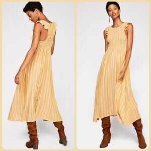 Free People Yellow Smocked Sleeveless Racerback Midi Dress Women's Size XS